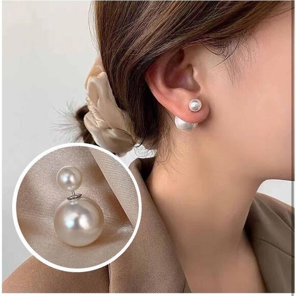 Double Sided Pearl Post Stud Earrings - Picture 1 of 5